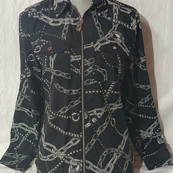 RarMichael Kors zip up blouse chains black silver Cuban links emblem silver - Picture 1 of 9